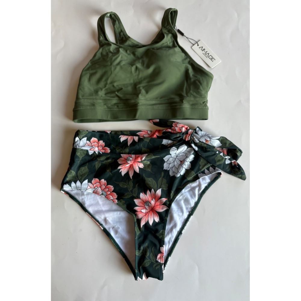 AIMAGE Womens Two Piece Bikini Set Olive Green Floral High Waist Side Tie Size M